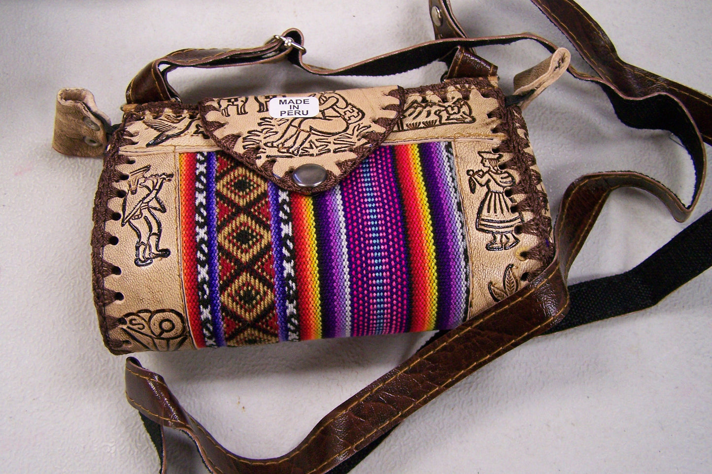 Etched Leather and Cloth "Chica Purse" Shoulder Bag - Peru