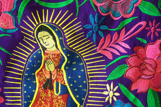 Virgin of Guadalupe Large Embroidered Leather Shoulder Bag Purse, Lined Interior, 2 Zipper Pouches - Deep Purple