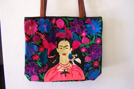 Frida! Large Embroidered Leather Shoulder Bag Purse, Lined Interior, 2 Zipper Pouches, Frida Kahlo - Black #2