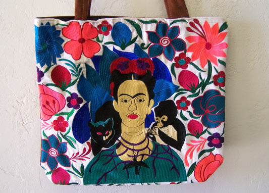 Frida! Large Embroidered Leather Shoulder Bag Purse, Lined Interior, 2 Zipper Pouches, Frida Kahlo - White