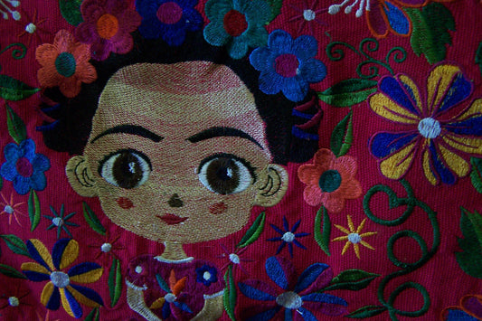 Frida! Large Embroidered Leather Shoulder Bag Purse, Lined Interior, 2 Zipper Pouches, Young Frida Kahlo - Red