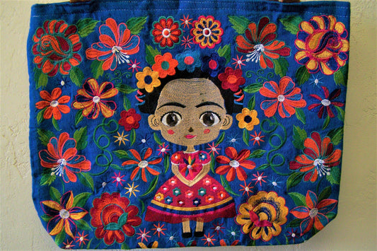 Frida! Large Embroidered Leather Shoulder Bag Purse, Lined Interior, 2 Zipper Pouches, Young Frida Kahlo - Blue #2