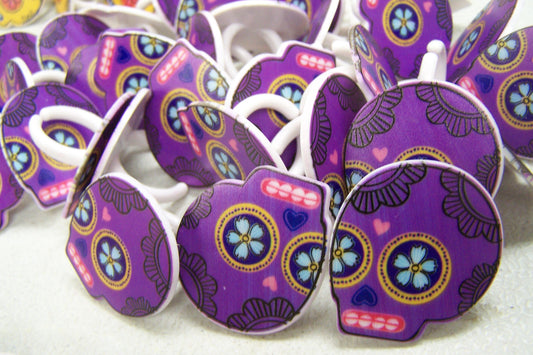 Day of the Dead Sugar Skull Plastic Rings, Lot of 36 - Purple - Dia de los Muertos