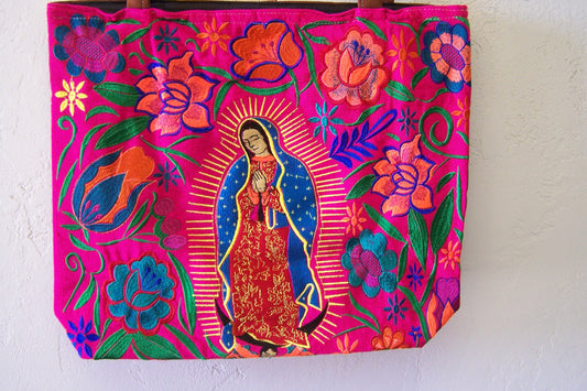 Virgin of Guadalupe Large Embroidered Leather Shoulder Bag Purse, Lined Interior, 2 Zipper Pouches - Pink