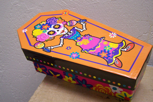 Day of the Dead Cardboard Lidden Coffin Box - Skeleton Girl #2