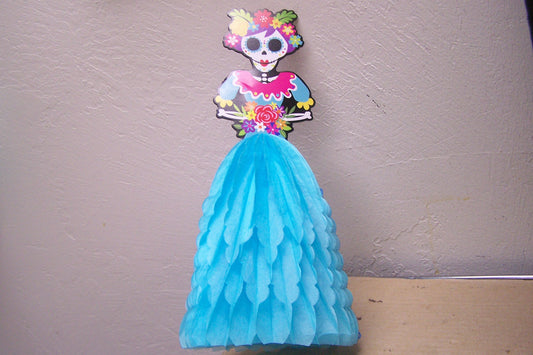 Day of the Dead Fold-Out Paper Catrina Skeleton Woman Centerpiece - Turquoise