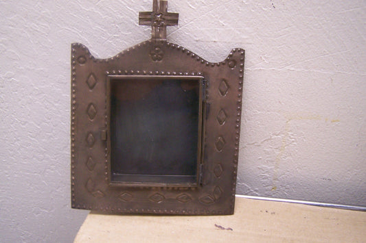 Medium Mexican Tin and Glass Nicho with Hinged Door - Church with Cross - Mexico