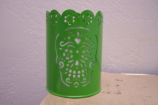 Day of the Dead Punched Metal Luminaria - Sugar Skull Design - Green