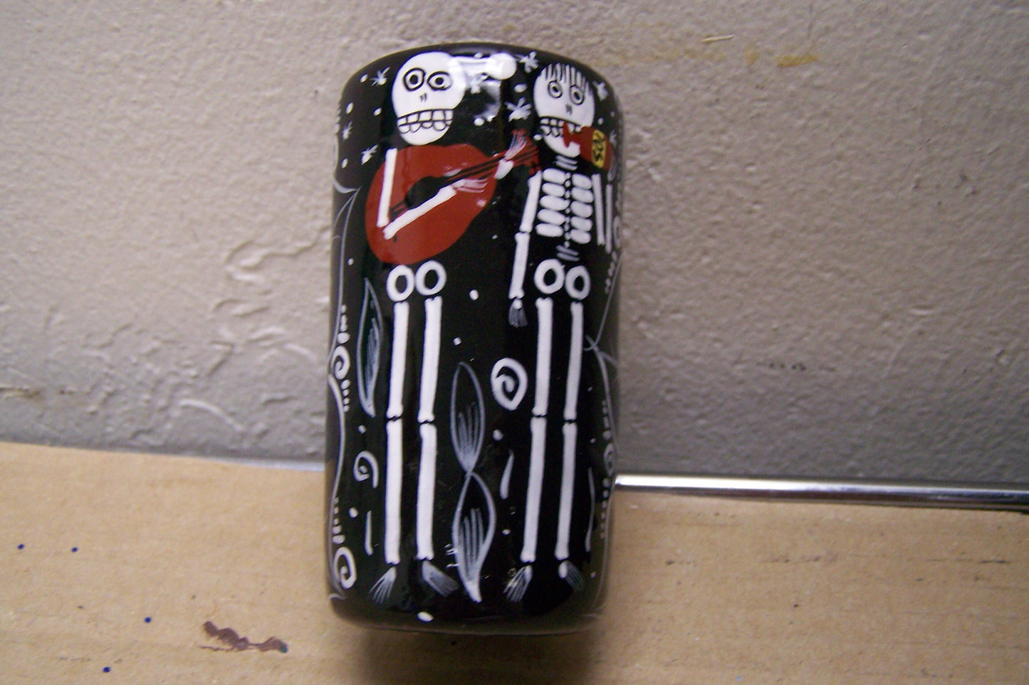 Ceramic Day of the Dead Shot Glass - Skeletons w. Guitar and Bottle - Mexico