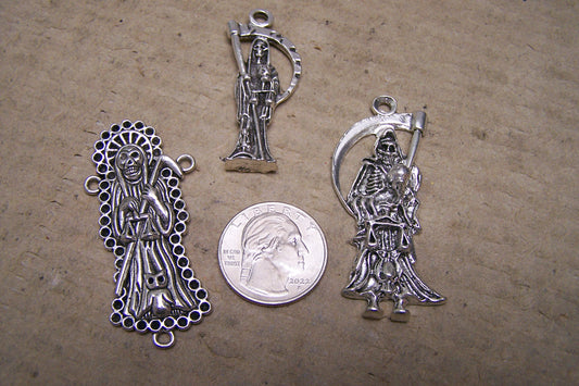 Lot of 3 Different Santa Muerte Metal Charms for Necklaces/Jewelry