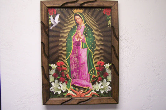 Framed Giclee Print - Virgin of Guadalupe with Roses, Lilies and Dove - Mexico