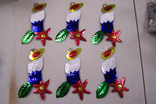 Lot of 6 Tin Painted Ornaments - Christmas Candle with Poinsettia - Mexico