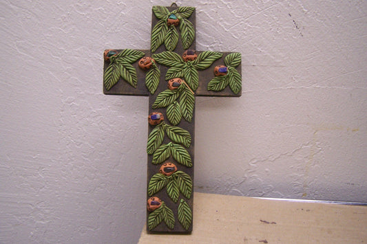 Tropical Wooden Cross with Resin Leaves and Faux Jewels