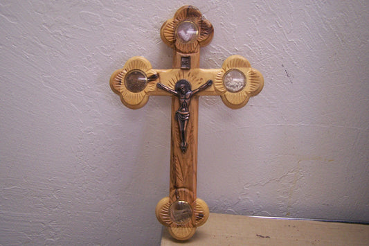 Holy Land Olive Wood Cross w. Bronze Jesus & Holy Soil - Bethlehem