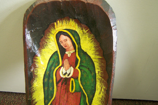 Large Virgin of Guadalupe Folk Art Painted Wooden Dough Bowl Batea