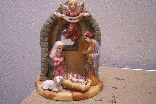 Tabletop Basic Ceramic Nativity Set with "Gloria" Angel - Mexico