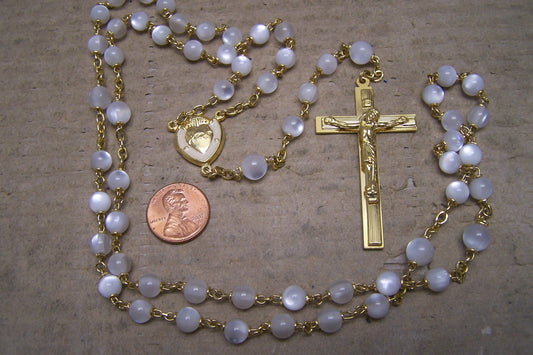 Rosary - Opaque Pearly Plastic Beads, Golden Accent, Sacred Heart - Nice!