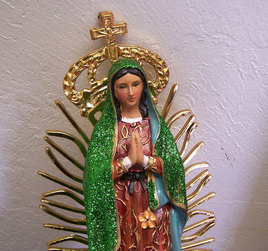 Virgin of Guadalupe 13" Resin Altarpiece Statue - Green Glitter