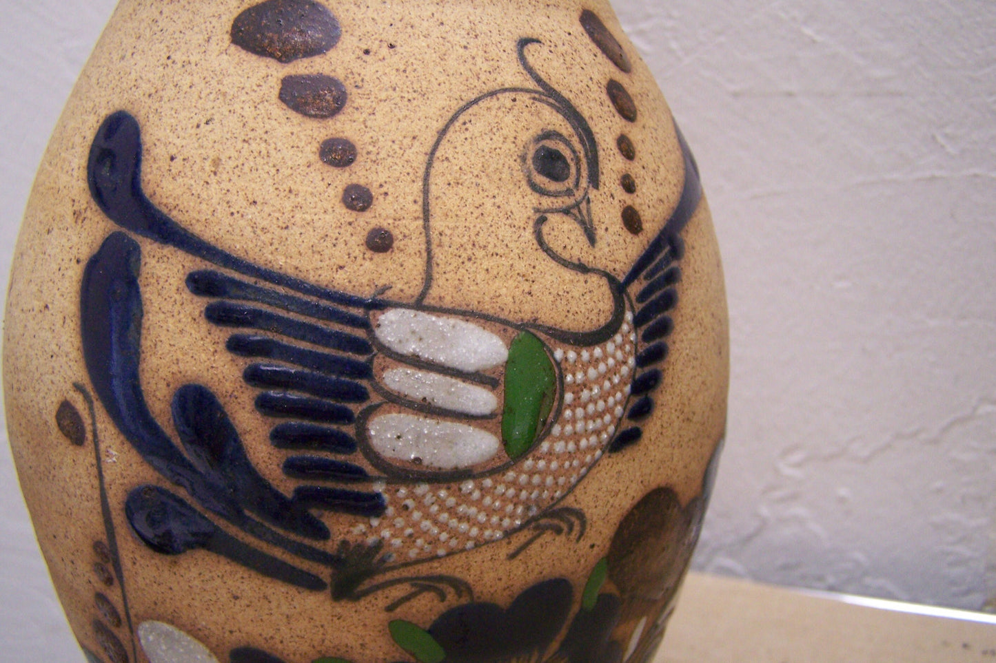 Vintage 1980s Stoneware Vase with Bird and Floral Pattern #1 - Mexico