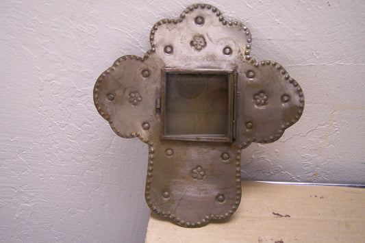 Mexican Tin and Glass Nicho with Hinged Door - Cross Shape, #1 - Mexico