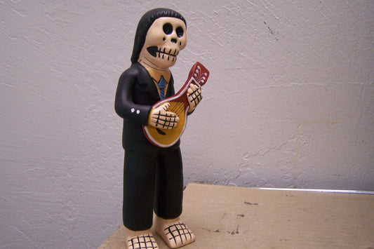 Day of the Dead Clay Skeleton Lute Player Figurine