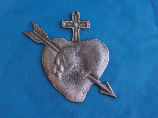 Tin/Silver Large Sacred Heart Immaculate Heart with Arrow Milagro Ex Voto